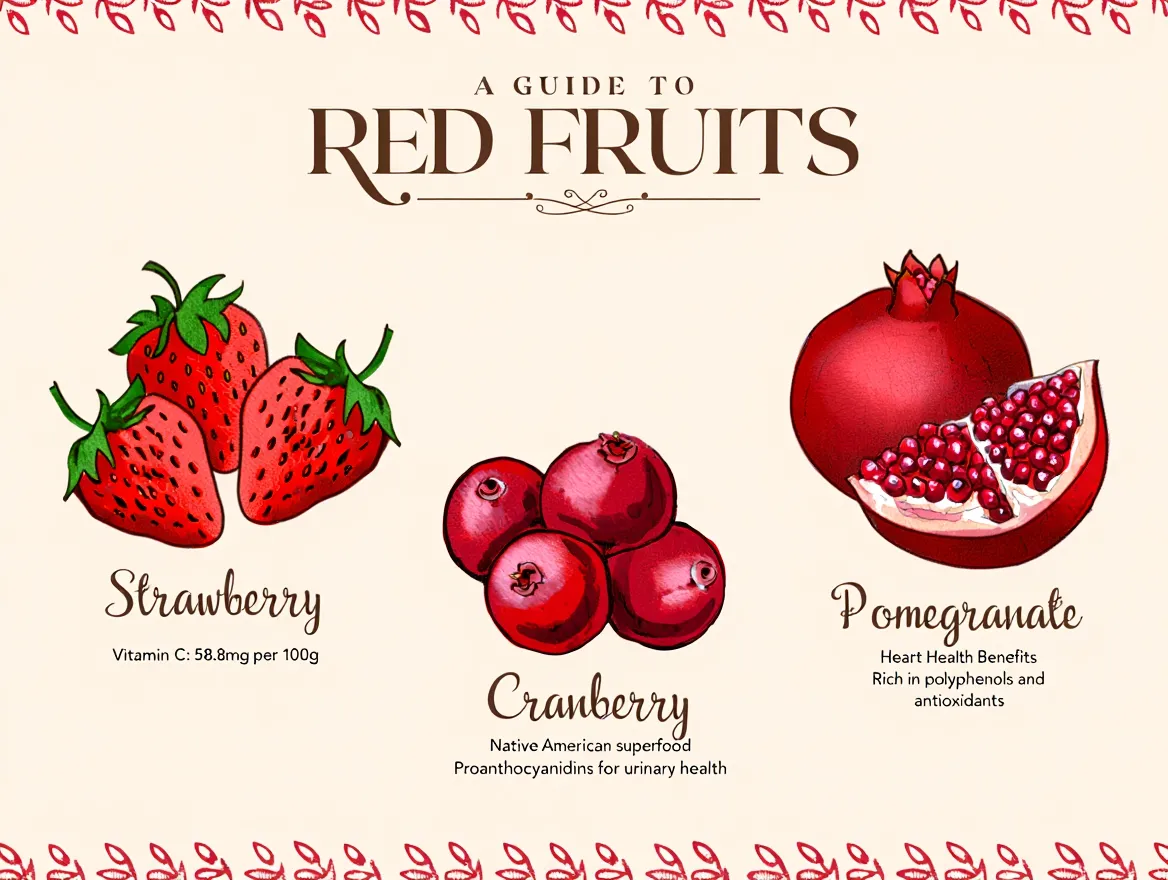 Illustrated guide showing different red fruits and their nutritional highlights